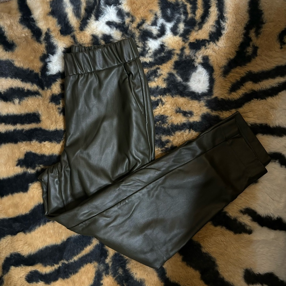 Army green faux leather ankle joggers